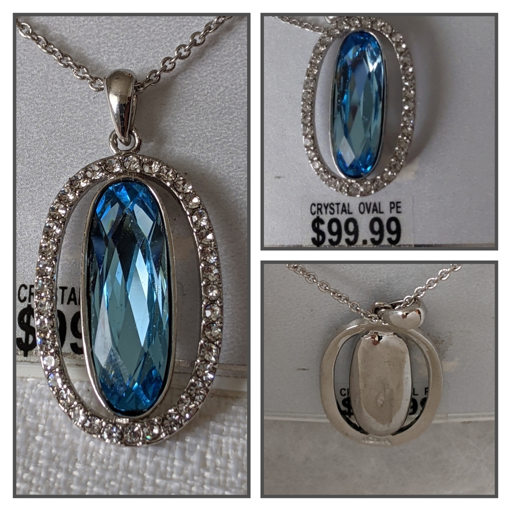 "Crystal Oval Pendant" Blue Center with Rhinestone Edging Silver NWT Plated.NWT